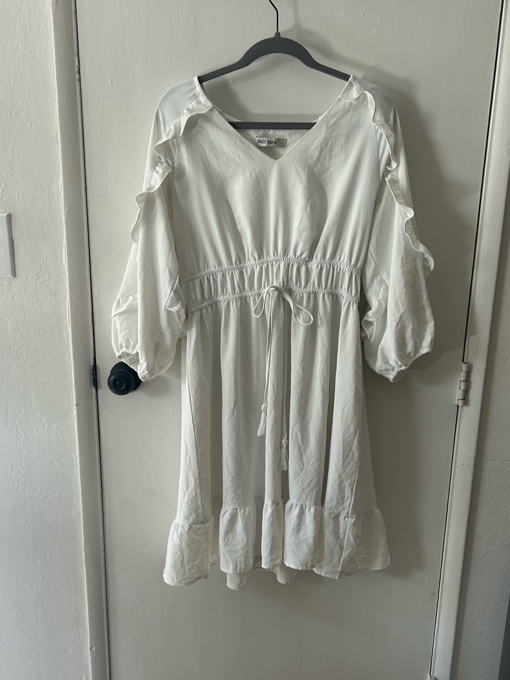 Grace Karin White Ruffle-Sleeve Drawstring Waist Kids Dress